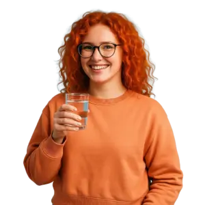 Emely, Teil der Waterfox-Familie, hält ein Glas gesund gefiltertes Wasser und lächelt freundlich. Bild mit transparentem Hintergrund.