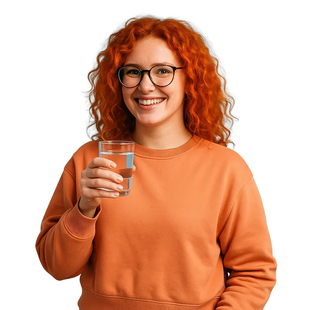 Emely, Teil der Waterfox-Familie, hält ein Glas gesund gefiltertes Wasser und lächelt freundlich. Bild mit transparentem Hintergrund.