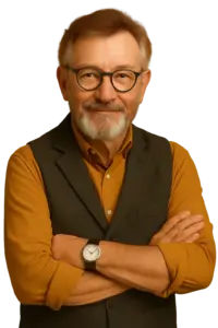 Porträt von Willi Waterfox, dem Experten für Kalkschutz bei WATERFOX, lächelnd in oranger Kleidung vor neutralem Hintergrund.“