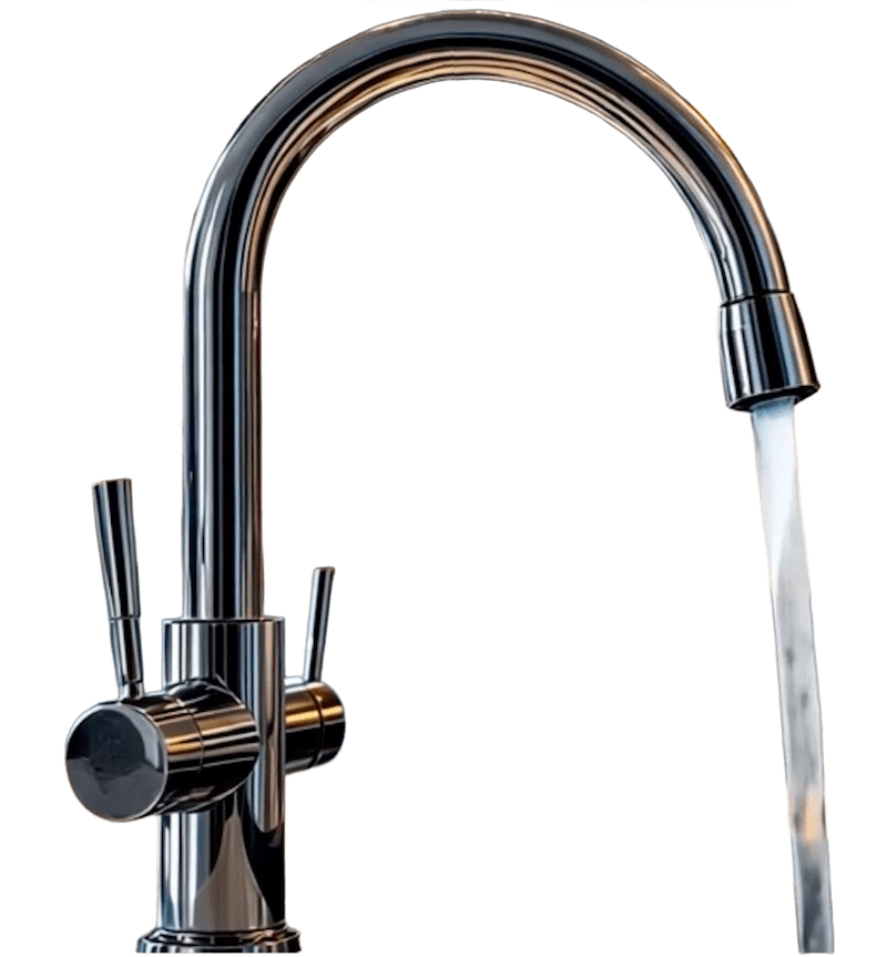 Moderner 3-Wege-Wasserhahn in Edelstahloptik mit fließendem Wasser